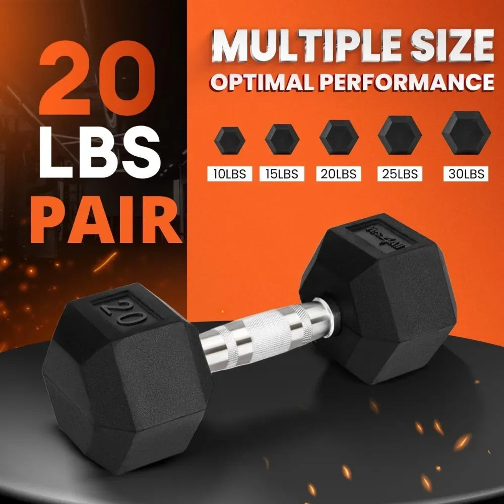 Hex Rubber Dumbbells 10-30lbs Pair, Anti-Slip Grip, PVC Coated for Home Gym Strength Training