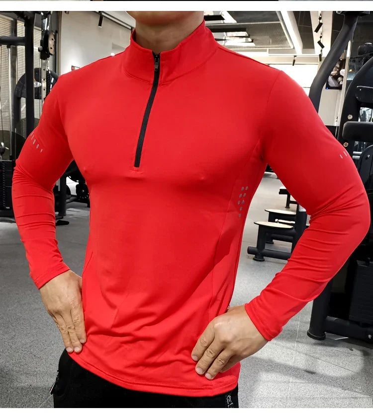 Quick Dry Running Shirt Men T-shirt Long Sleeve Compression Shirts Gym T-shirt Fitness Sport Cycling zipper Shirt Men Rashgard