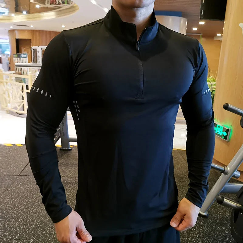 Quick Dry Running Shirt Men T-shirt Long Sleeve Compression Shirts Gym T-shirt Fitness Sport Cycling zipper Shirt Men Rashgard