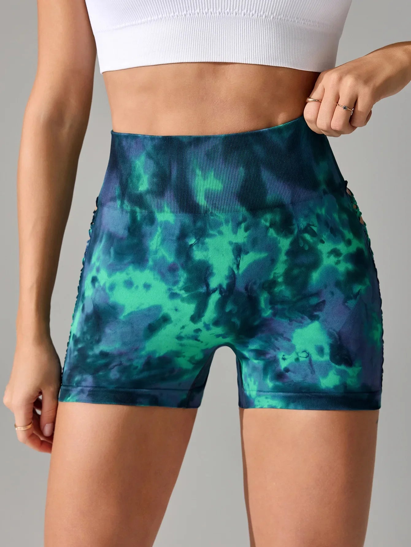 Sexy Tie Dye Yoga Shorts Hollow Out High Waist Fitness Shorts Hip Liftting Workout Running Gym Yoga Tights Leggings