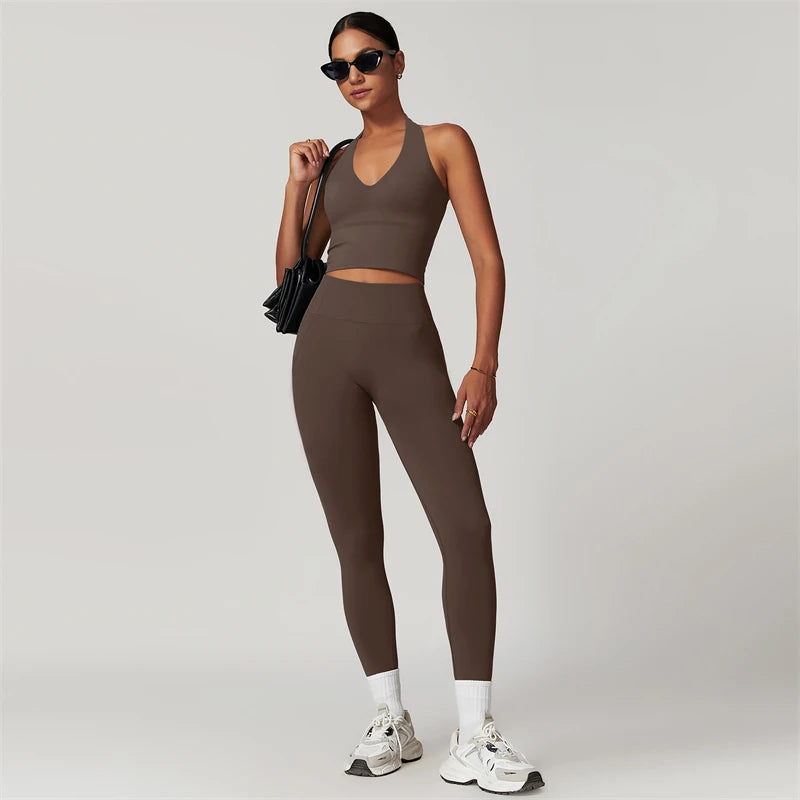 2 Pieces Women Yoga Set Workout Sportswear Gym Clothing Fitness Short Sleeve Crop Top High Waist Leggings Sport Suits