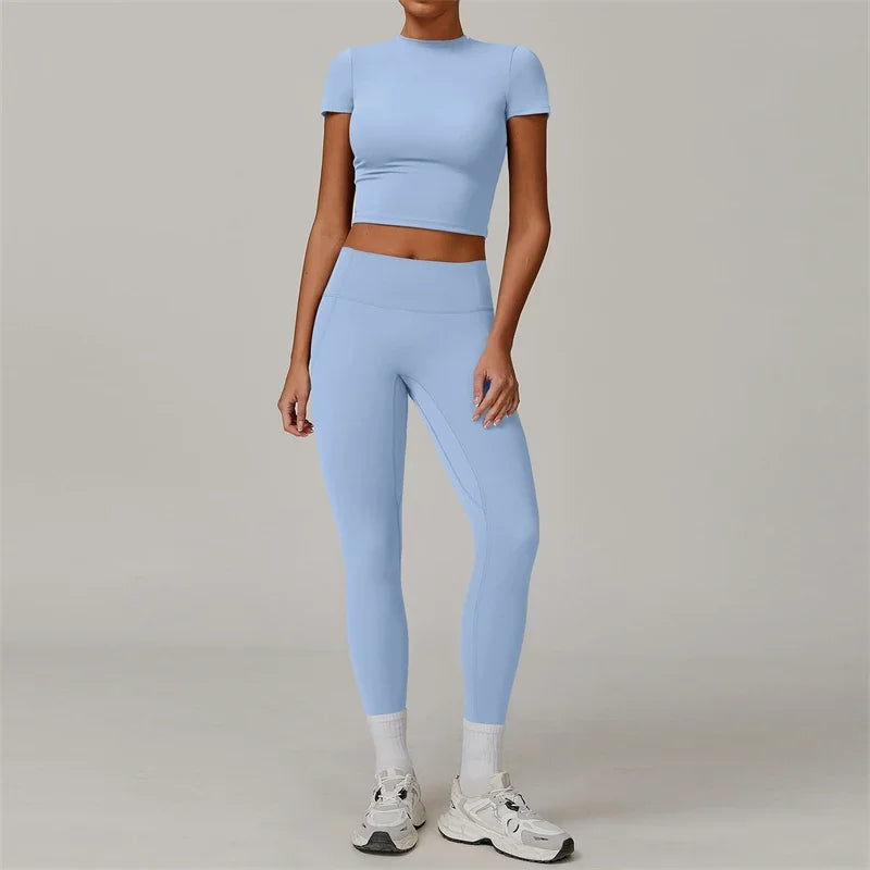 2 Pieces Women Yoga Set Workout Sportswear Gym Clothing Fitness Short Sleeve Crop Top High Waist Leggings Sport Suits